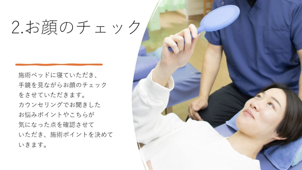 2.お顔のチェック　施術ベッドに寝ていただき、手鏡を見ながらお顔のチェックをさせていただきます。カウンセリングでお聞きしたお悩みポイントやこちらが気になった点を確認させていただき、施術ポイントを決めていきます。