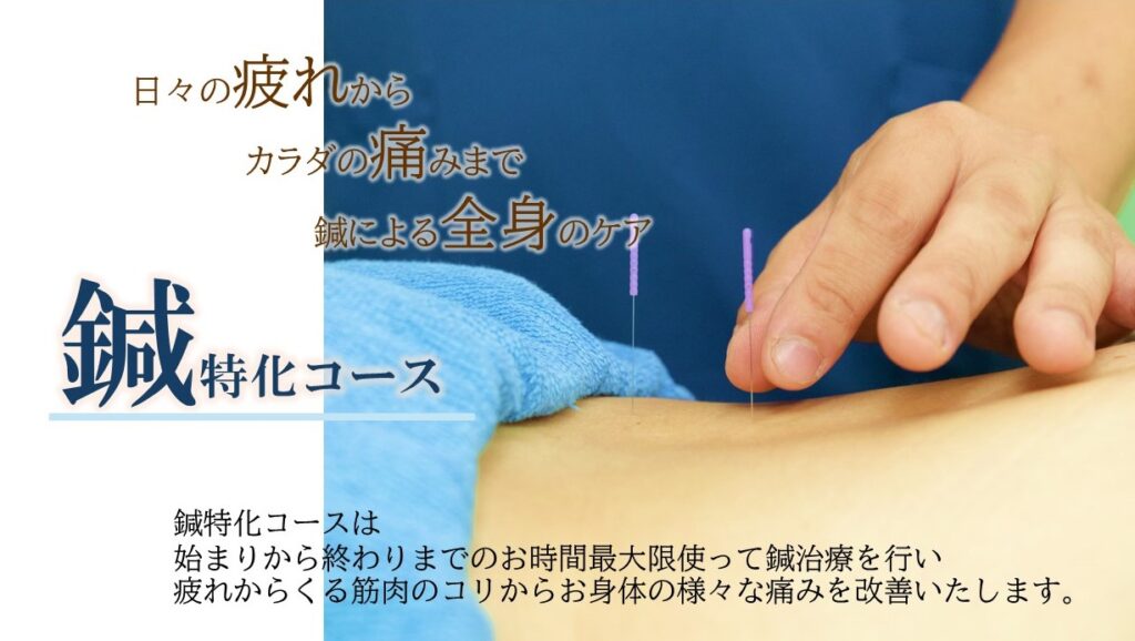 日々の疲れから、カラダの痛みまで、鍼による全身のケア。「鍼特化コース」。鍼特化コースは始まりから終わりまでのお時間最大限使って鍼治療を行い、疲れからくる筋肉のコリからお身体の様々な痛みを改善いたします。